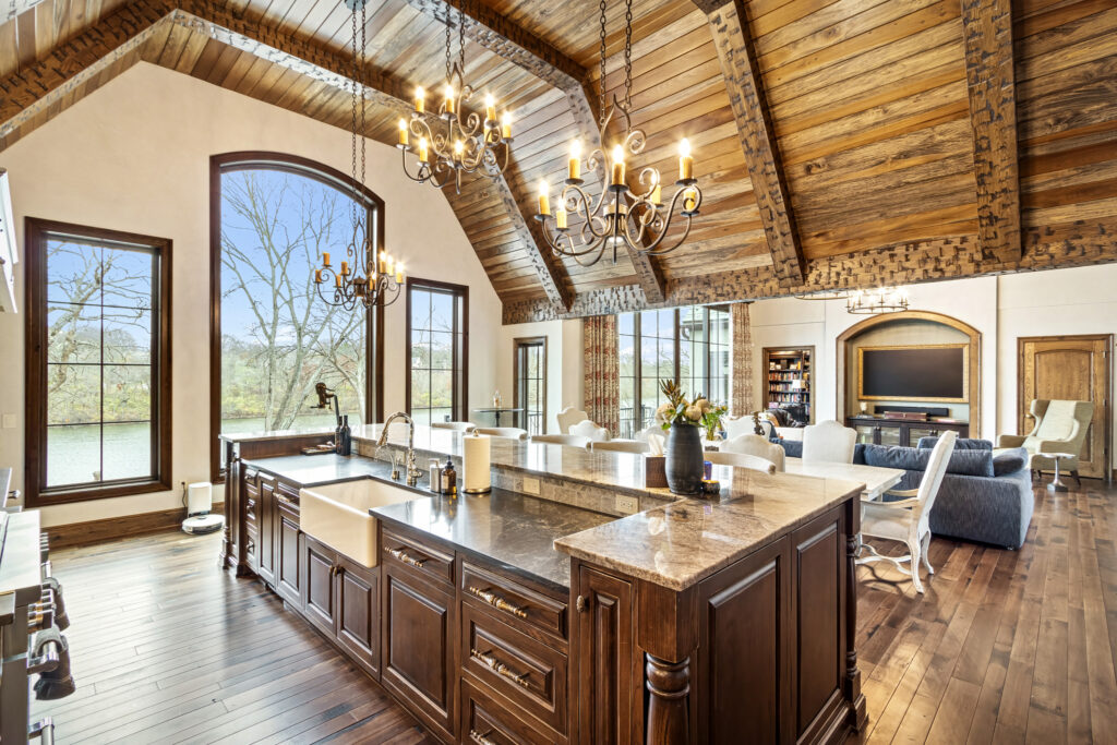 kitchen with tall ceilings large island wood ceiling